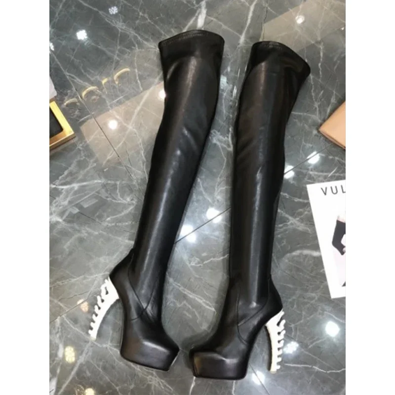 Balck Square Toe Bone Heel Over Knee Elastic Boots Woman Winter 2025 Slip-On Shaped High Heel Platform Skinny Women Boots