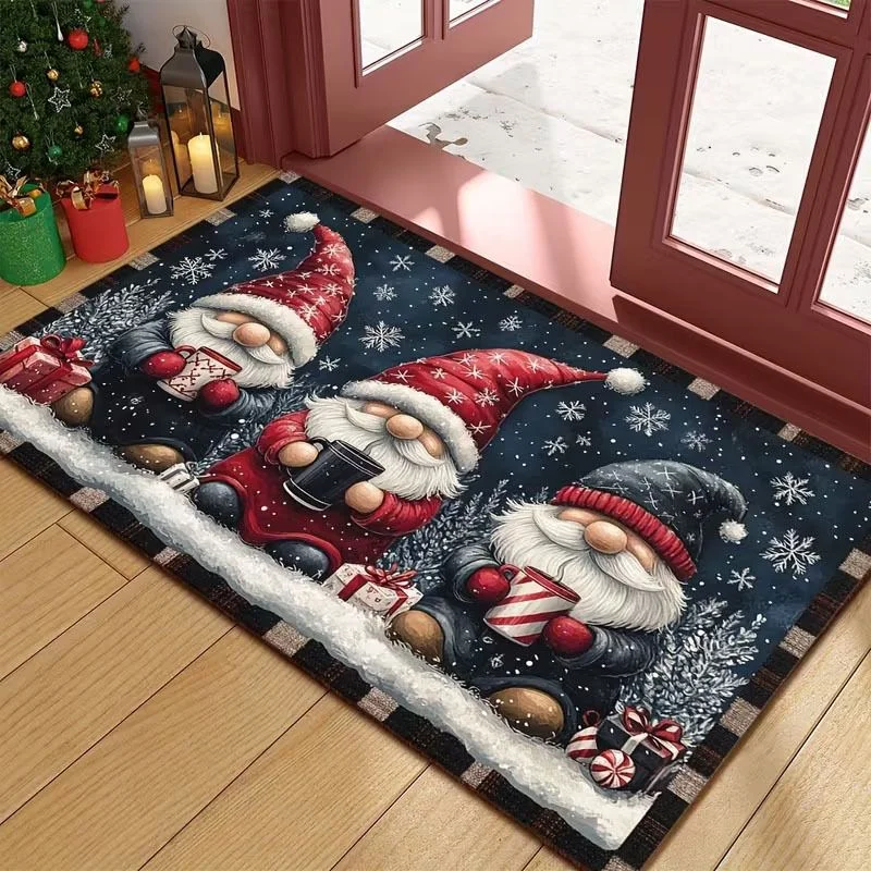 VIKAMA Christmas Gnome Area Rug Winter Snow Scene Non Slip Floor Mat for Entrance Hallway Bedroom Xmas Holiday Home Decor