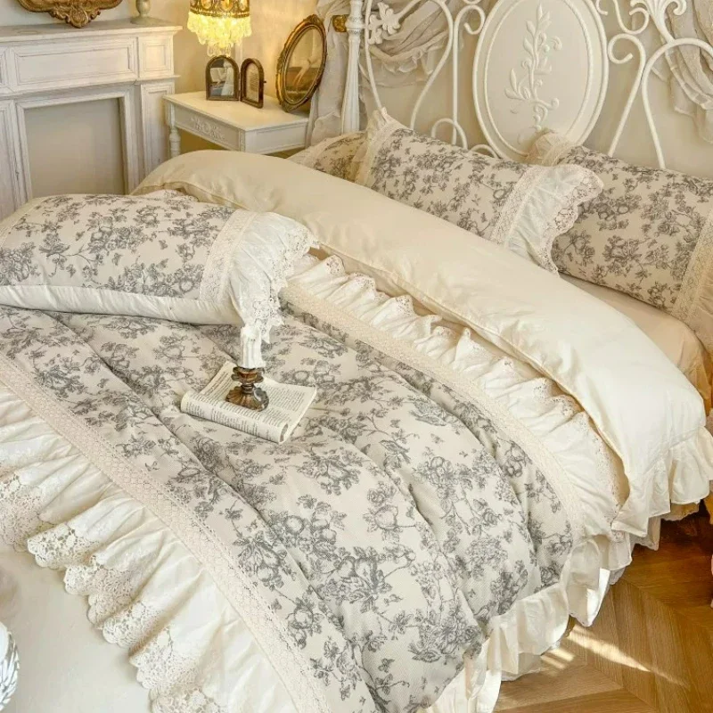French Style Bedroom Vintage Princess Style All Cotton Four Piece Bed Set Floral Lace Duvet Cover Pure Cotton Bed Skirt Style 3
