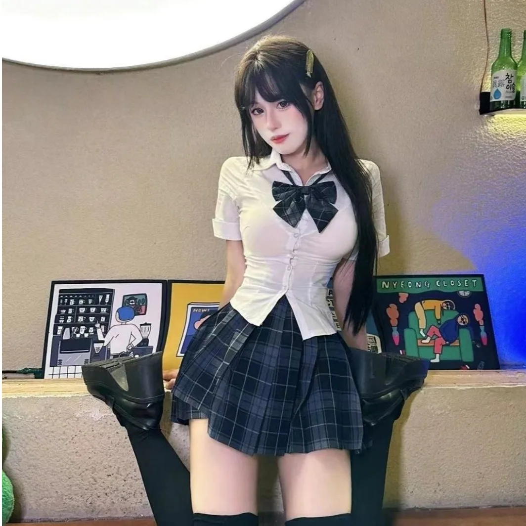 Women's College Style Shirt Skirt Set Short Sleeve Pleated Waist Cinched Fashionable School Uniform Retro Personality Ensemble
