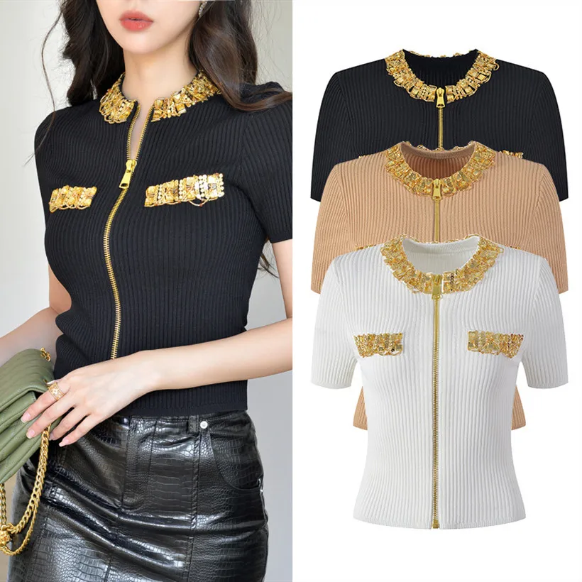 

Высококачественный парижский роскошный блестящий топ с кисточками на молнии ort Sve round Ne, вязаный топ, женская летняя версия премиум-класса Faion