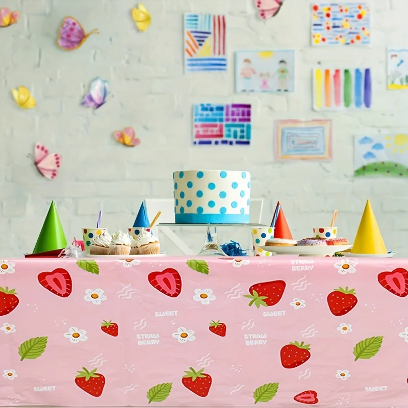 Strawberry and Floral Tablecover, 1pc Plastic Party Tablecloth, Cartoon Pattern, Perfect for Birthday and Other Celebrations, Gr