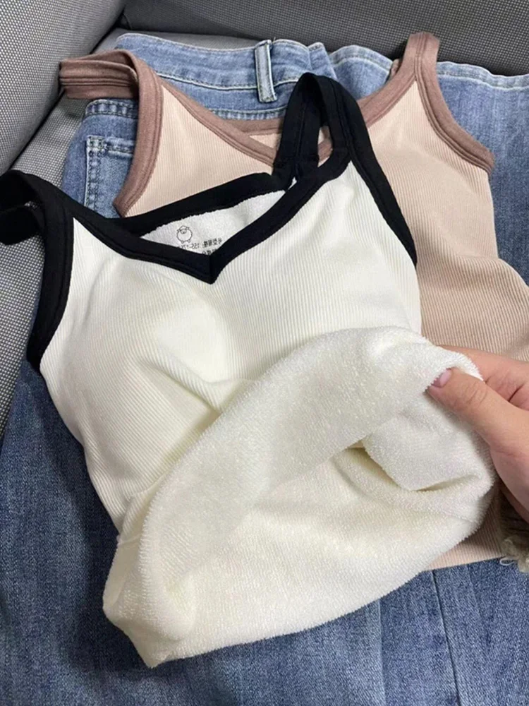 Thickened Fleece Lined Integrated Women's Vest Small Strap Warm Inner Wear Backless Bra with Chest Pad Base Layer Underwear