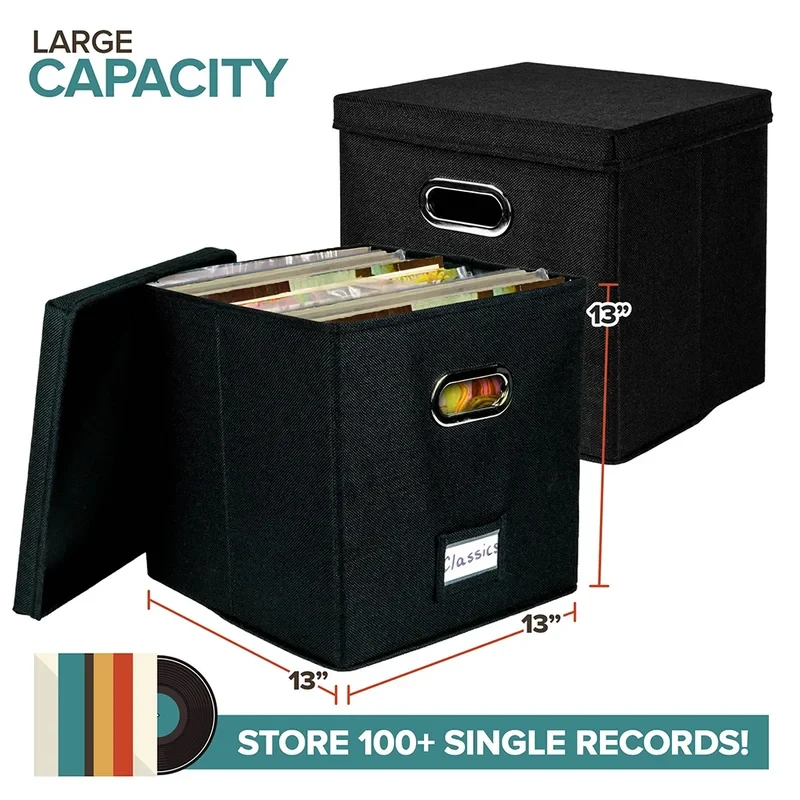 Vinyl Record Storage Box for 50+ 12-Inch LP Albums Foldable Fabric Crate with Lid