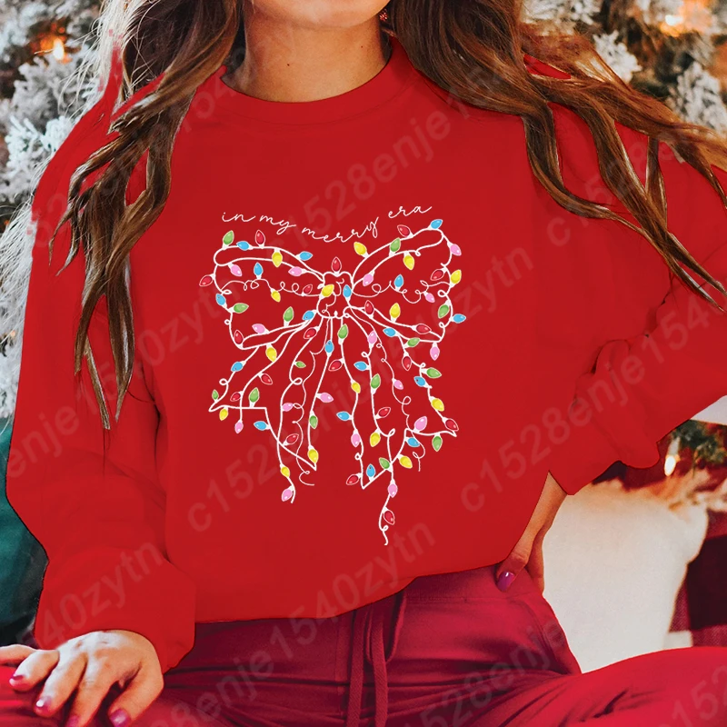 Christmas Light Bow In My Merry Era Print Pullovers Women Round Neck Pullovers Creative Solid Color Casual Hoodeless Sweatshirts