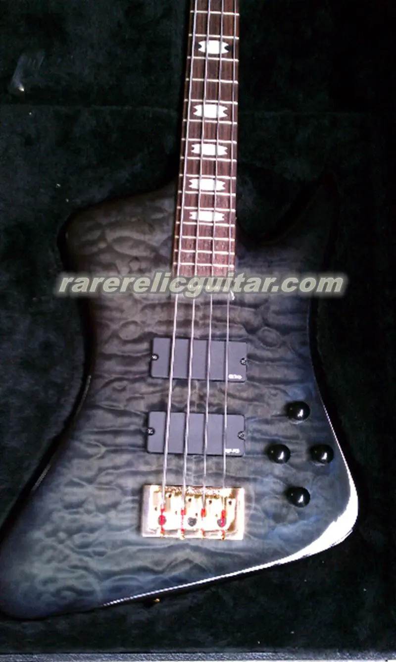 

Rare 4 Strings Classic Spectbird Electric Bass Guitar Black Quilted Maple Top, Gold Hardware, Crown Inlay