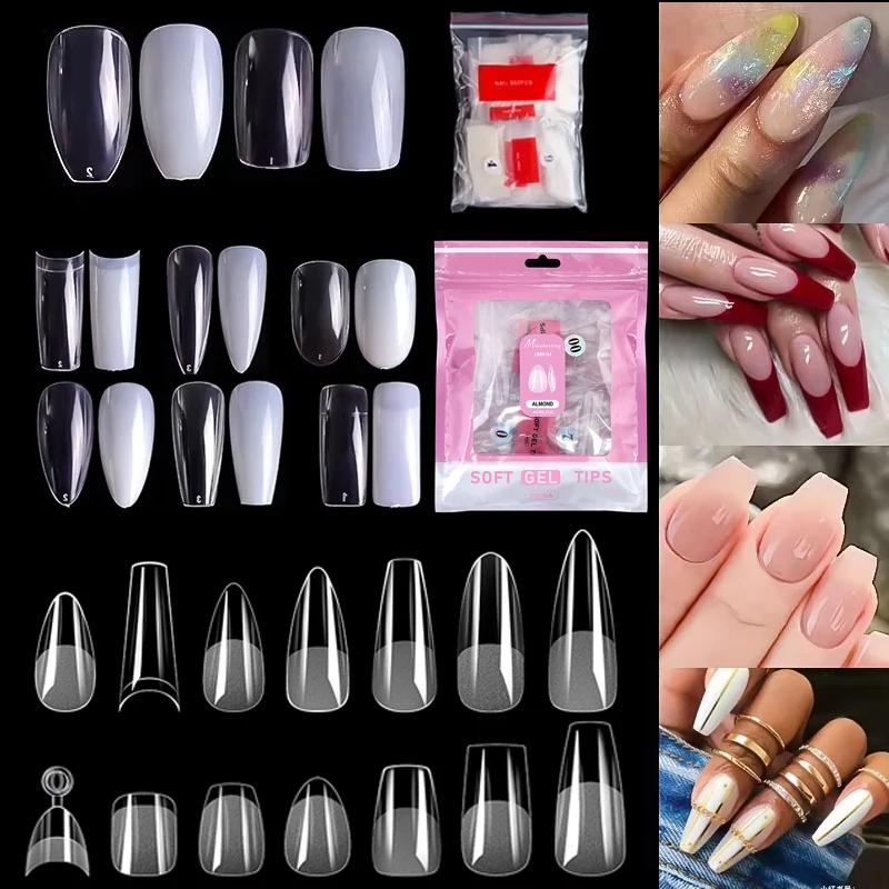 

500pcs/bag Coffin False Nail Tips Clear Ballerina Stiletto Rounded Square Acrylic Fake Nails Extension System UV Gel Manicure