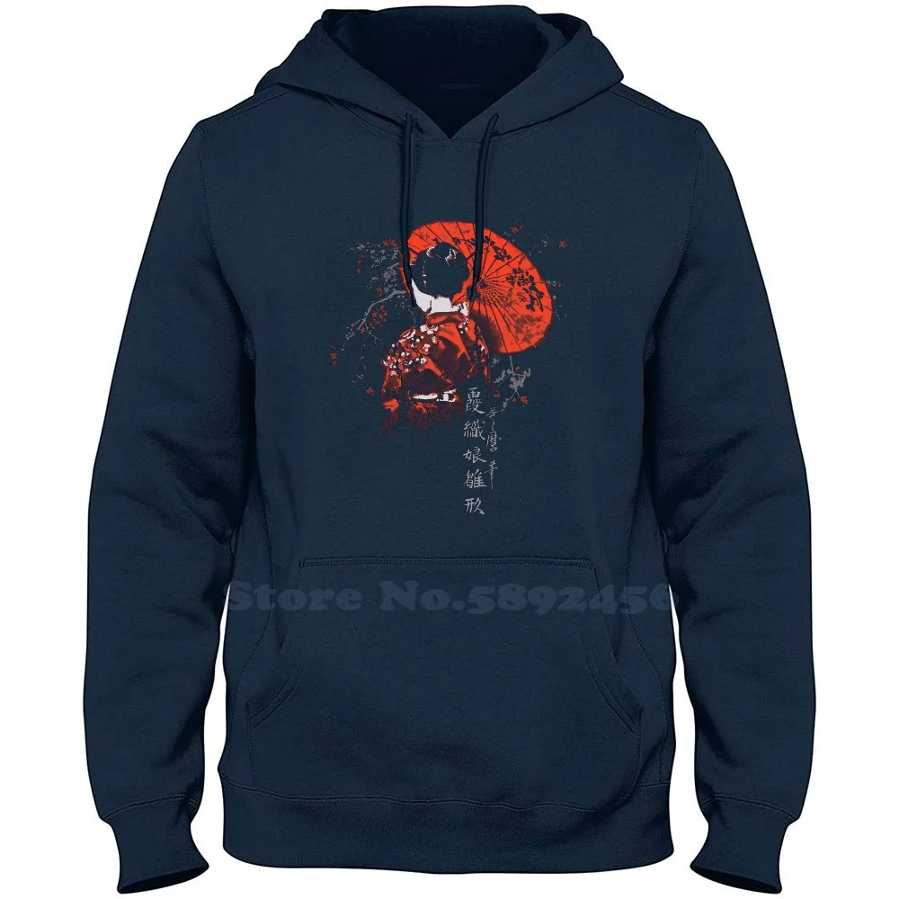 The Geisha 100% Pure Cotton Hoodie Geisha Japanese Japanime Kanji Lips Red White Hair Stick Tree Leaves Umbrella Kimono