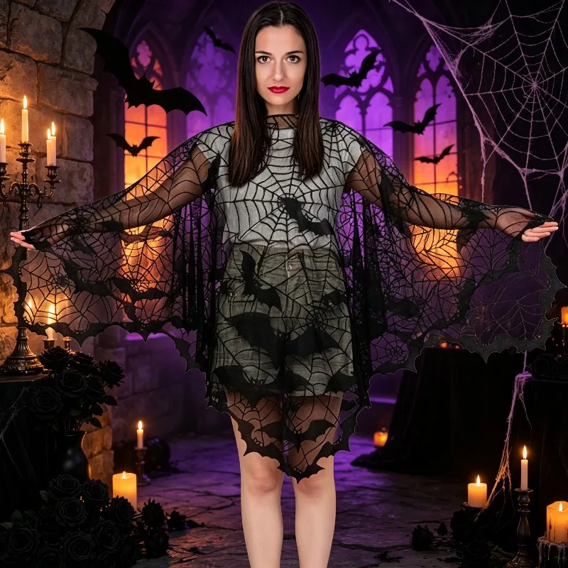 Women's Lace Skull Cape Digital Print Soft Polyester Fiber and Bone Pattern Details Perfect for Halloween Parties and Day