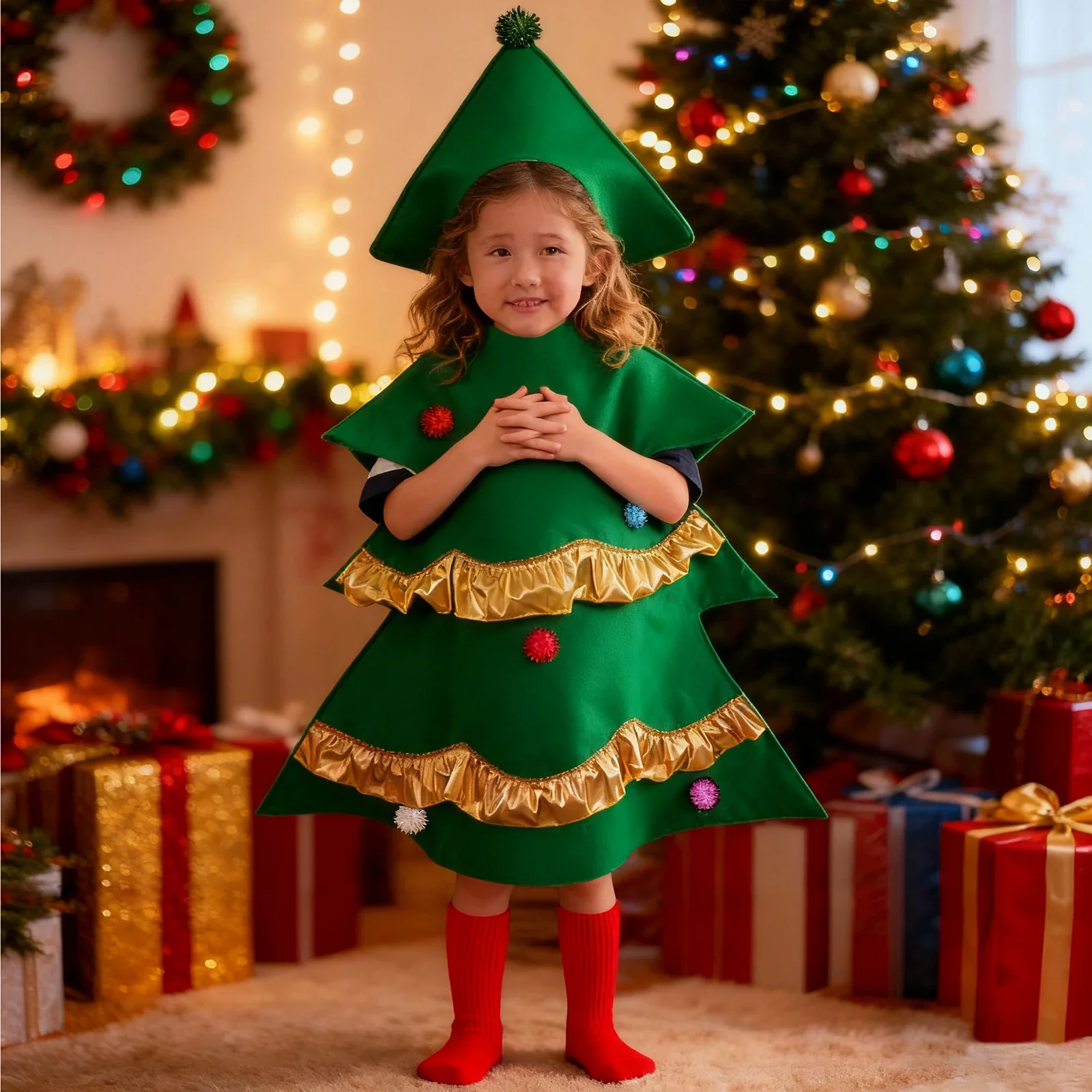 

3D Christmas Tree Costume for Kids Sleeveless Hood Romper with Gold Trim and Colorful Plush Balls