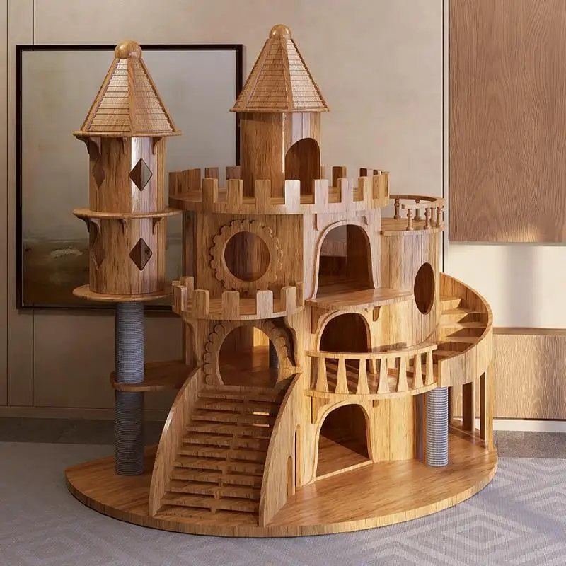 Large castle full solid wood cat climbing frame  nest   tree integrated luxury cat frame  villa puppet Maine