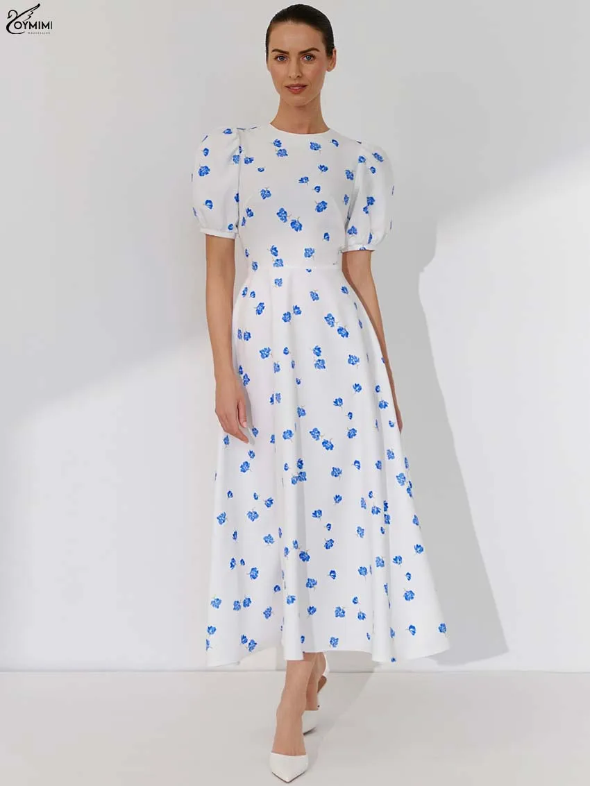

Oymimi Autumn White Print Womens Dresses Fashion O-Neck Short Sleeve High Waist Dresses Elegant Loose Mid-Calf Dress Streetwear