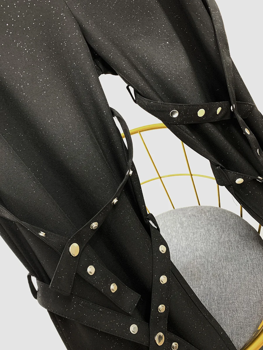 Metal Sparkling Babysbreath American Style Trousers Men's Trendy Loose Comfort Micro-flared Trousers Strap Design Knee Trousers