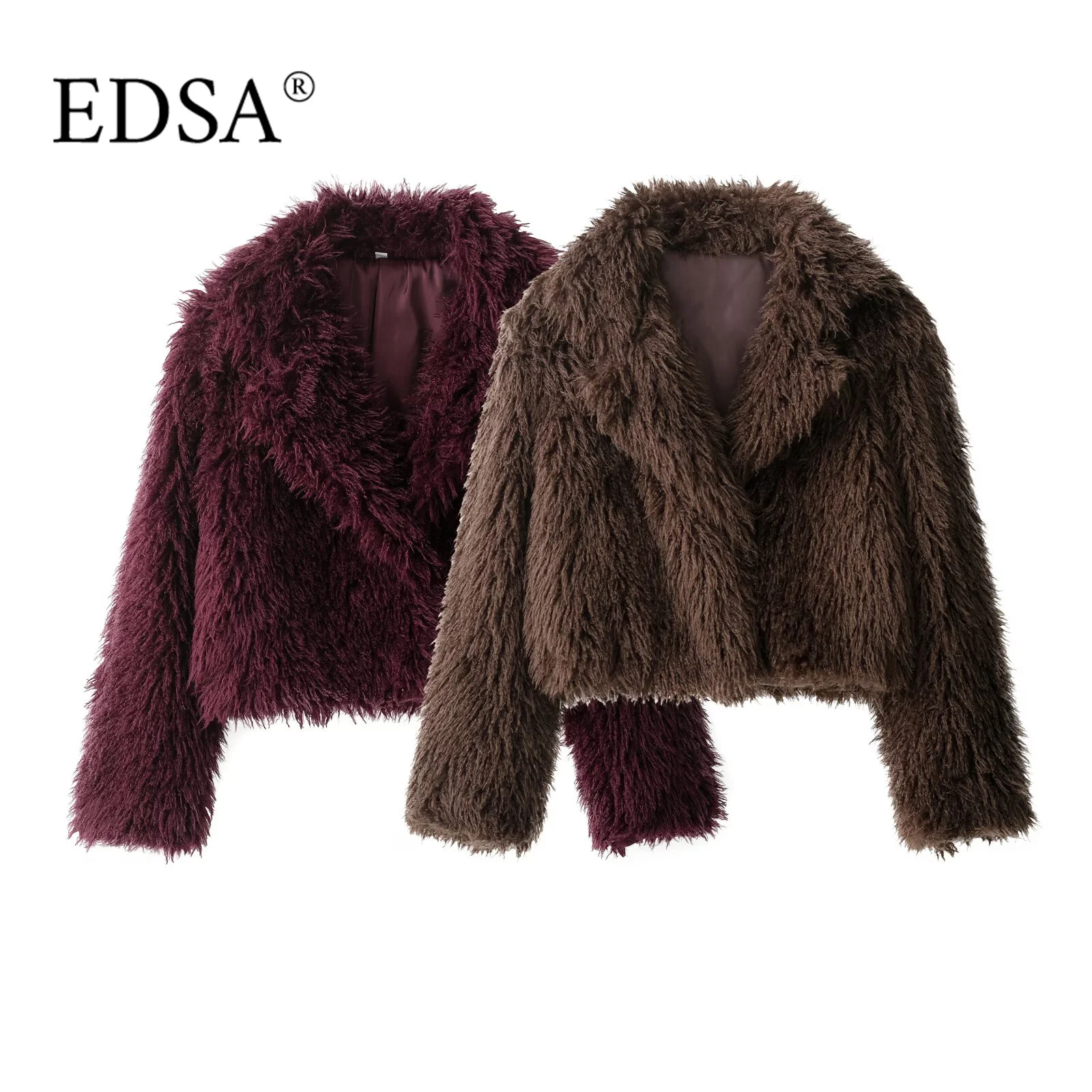 EDSA Vrouwen Nepbont Jas Lange Mouwen Voorzakken Revers Kraag Rechte Zoom Herfst Winter Vrouwelijke Jas Bovenkleding