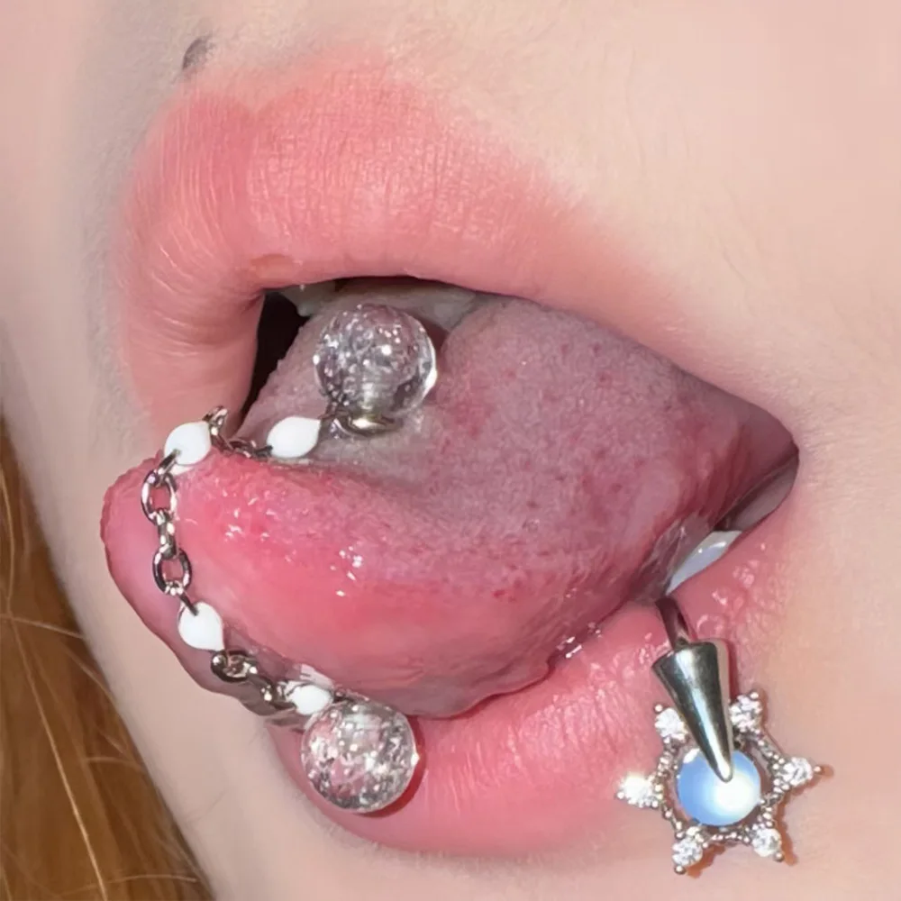 Chain tongue stud removable transparent acrylic beads shiny powder sheet 8 colors perforated tongue ring sweet accessories