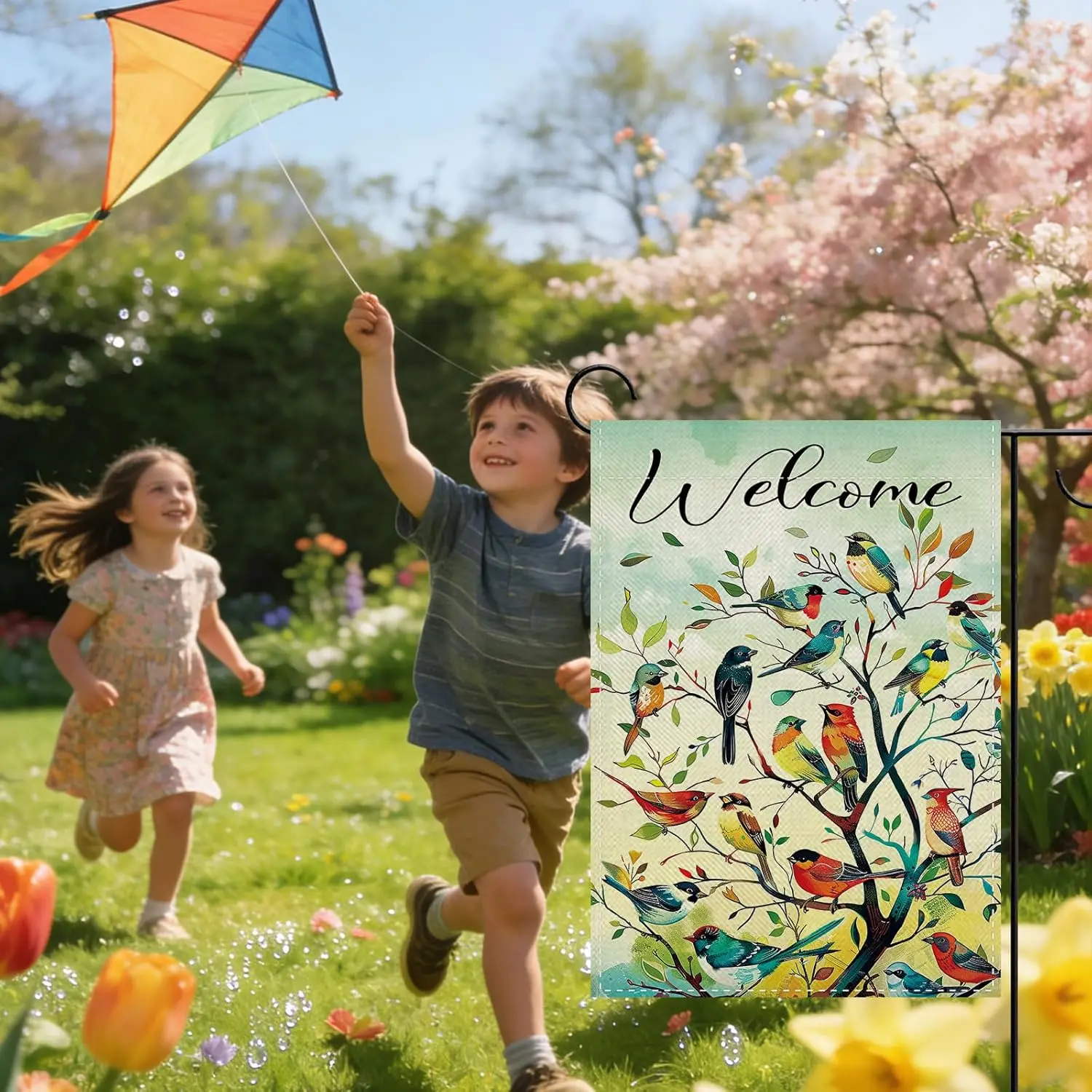 Terkki Welcome Spring Summer Birds Tree Decorative Garden Flag, Watercolor Cardinal Chickadee Oriole Small Yard Outside Deco IIC