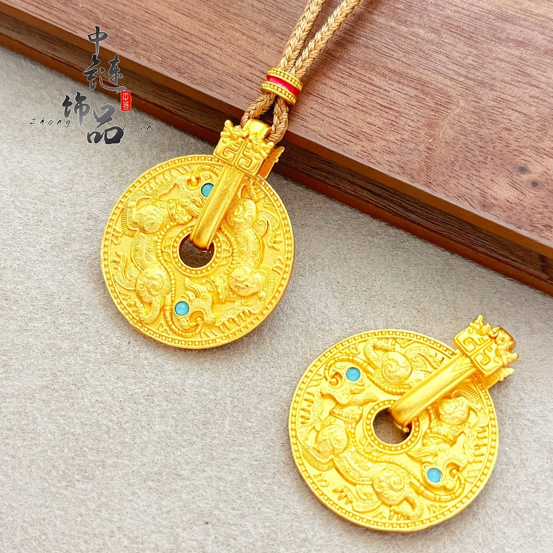 9999 gold engraved dragon horse rotating disc pendant, new Chinese style dragon horse spirit peace charm pendant