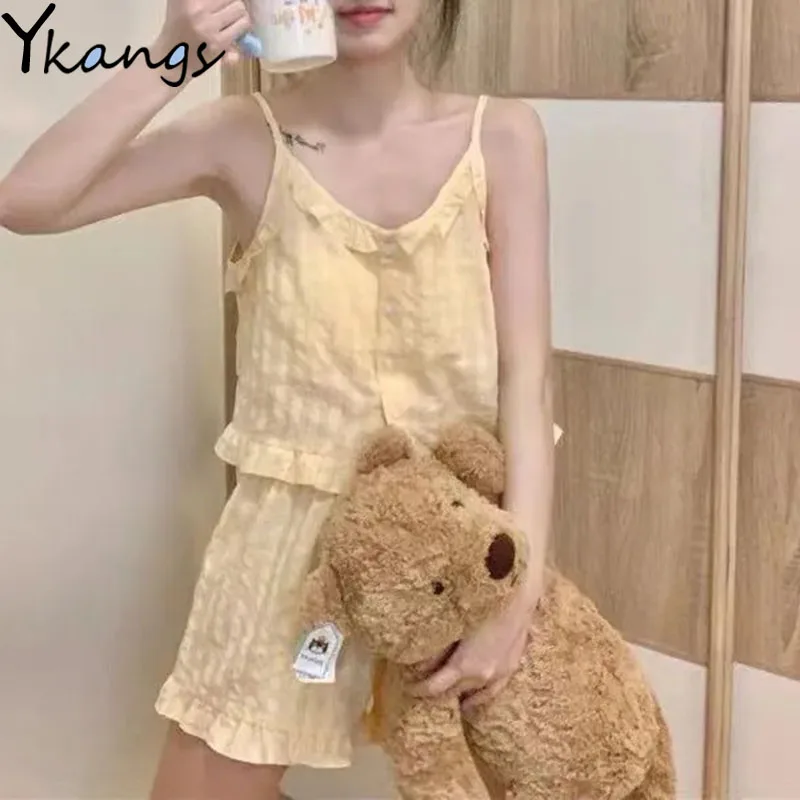 

Summer Solid HomeWear Korean Style Pajamas Women Casual Aesthetic Harajuku Sleepwear Y2k Chic Thin Vest Vintage Nightshirt Femee