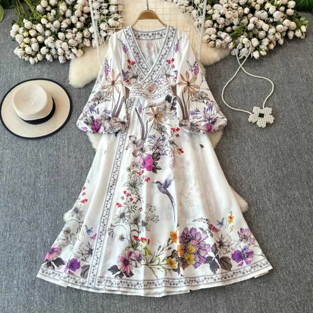 Neploe Women Casual V Neck Lantern Sleeve Print Robe One-piece Type Big Swing Panelled Dress French Style New Lace Up Slim Mujer