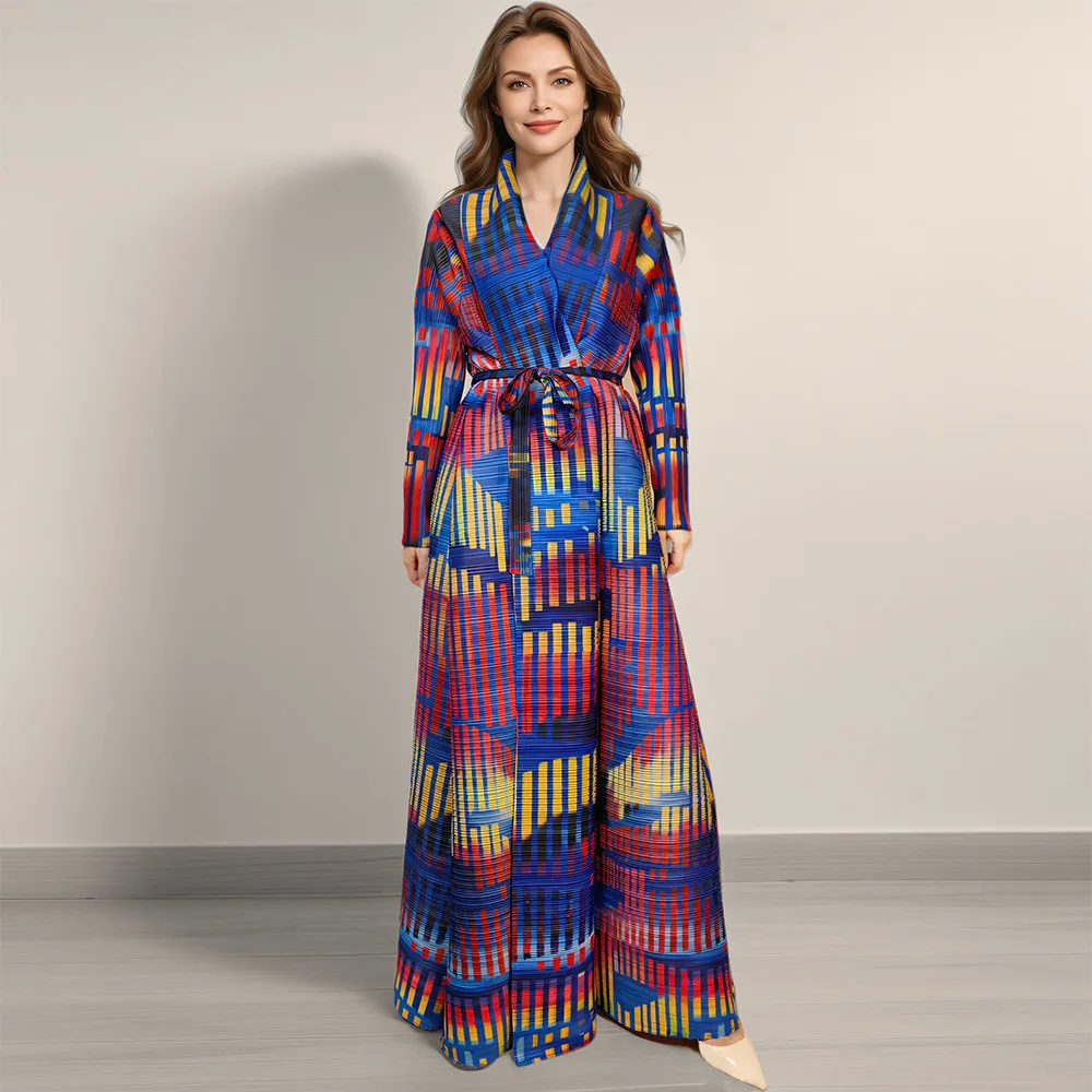 

Middle Eastern women's robe Muslim Arabic robe Women's print lace-up loose temperament skirt jacket Fashion simple temperament E