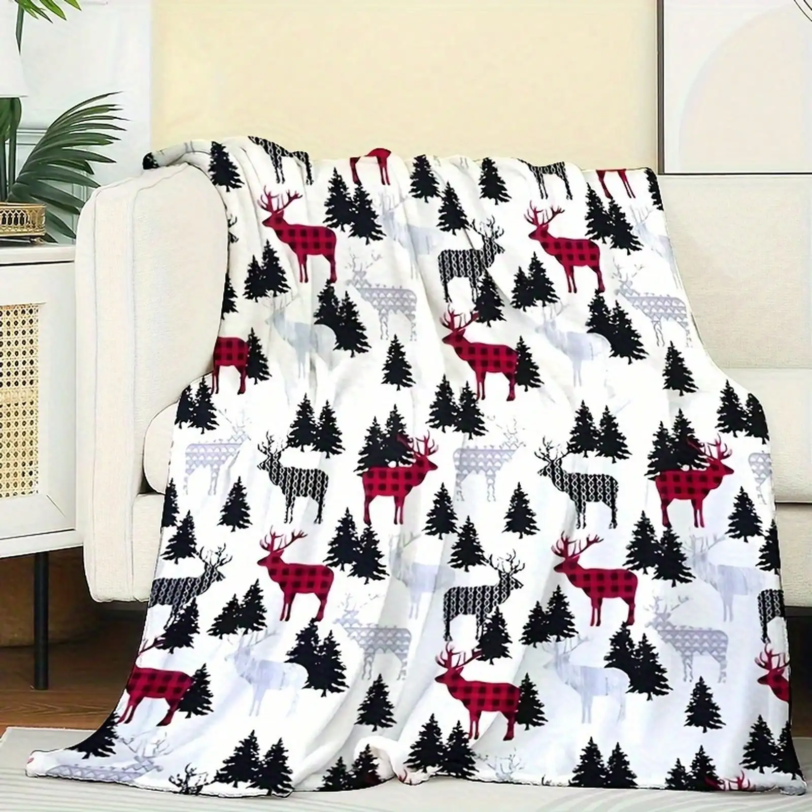 Cozy Flannel Elk Print Throw Blanket - Soft, Warm & Versatile For All Seasons - Perfect For Couch, Bed, Office, And Travel