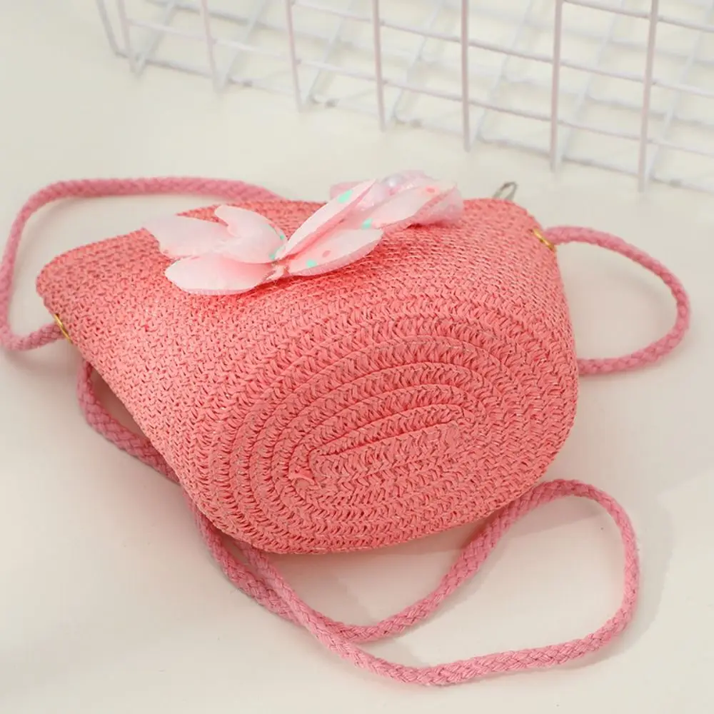 Creative Handmade Kids Straw Bag Shell Shape Woven Crossbody Bag Butterfly Flower Shoulder Bag Children Girls