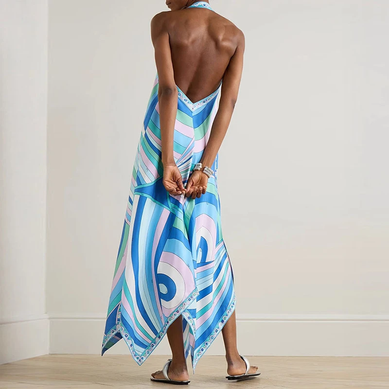 Abiti lunghi stampati senza maniche eleganti da donna a maniche lunghe con scollo all'americana estivo per le donne Abito casual da spiaggia allentato Boho