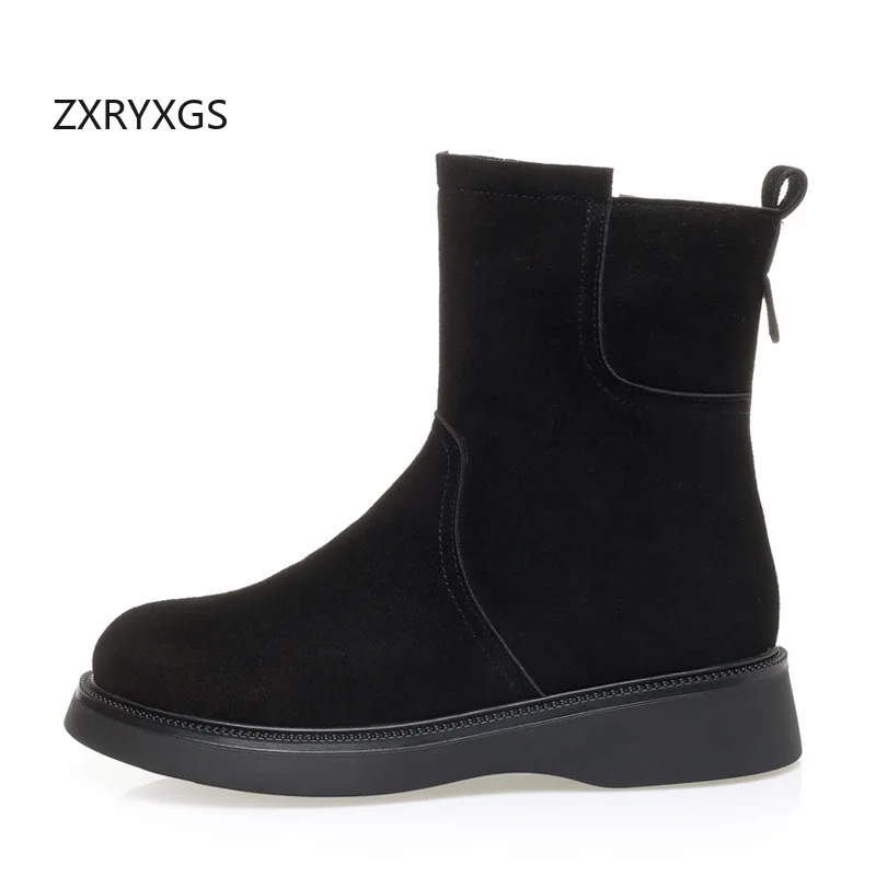 ZXRYXGS Premium Cowhide in-tube Women Boots New 2024 Winter Warm Plush Wool Snow Boots Flat Non-slip Motorcycle Boots Large Size