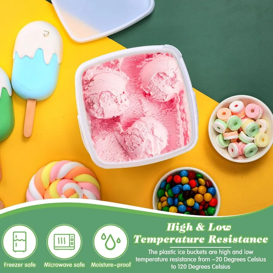 24 قطعة 3 كيو تي/ 101 أونصة/ 3 لتر حاويات طعام بلاستيكية، دلاء آيس كريم سعة 0.74 جالون مع أغطية ومقبض مربع ديلي كونتاي قابل لإعادة الاستخدام