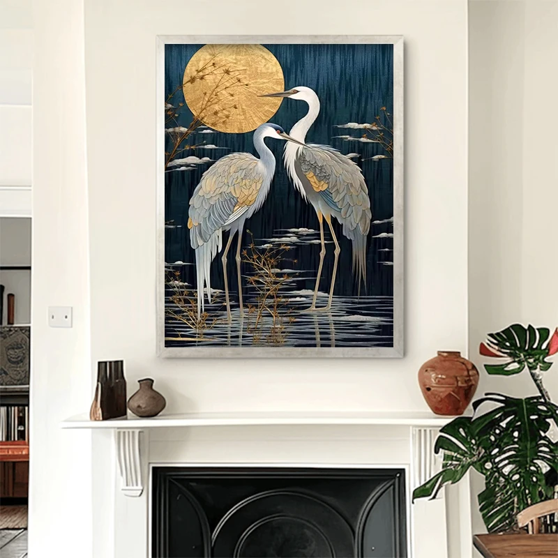 

Golden Crane and Moon Art Posters Modern Nature Canvas Painting Prints Abstract Animals Wall Art Pictures Living Room Home Decor