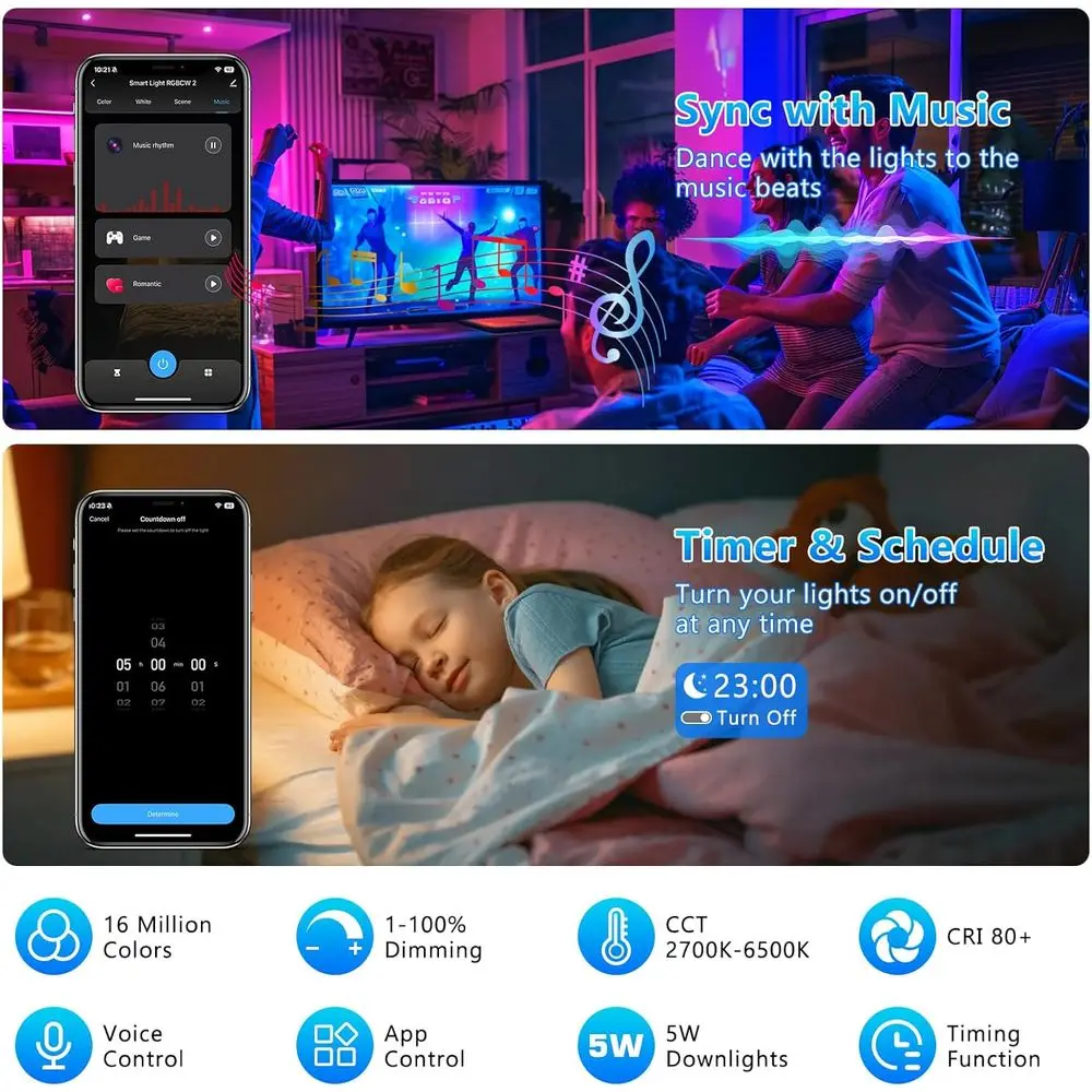 Iluminação LED Embutida Inteligente de 2 Polegadas, 5W Dimerizável RGB & CCT 2700-6500K, 110V Compatível com Alexa e Home, com Driver LED