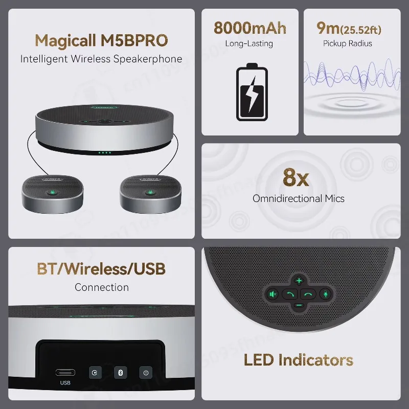 8 AI Mics 360° Conference Speakerphone 18H Working Time for 12-15 People