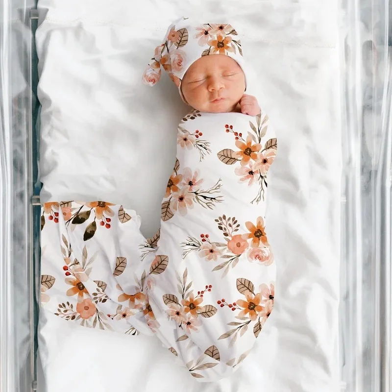 Mantas de ropa de cama para bebé recién nacido, manta de muselina con estampado de flores, sombrero para niña, diadema, manta receptora infantil