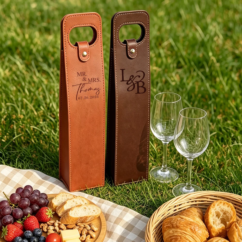 Personalized Engraved Bottle Bag,Custom Name&Date PU Leather Carrier Tote,Reusable Wedding Anniversary Gift for Special Occasion