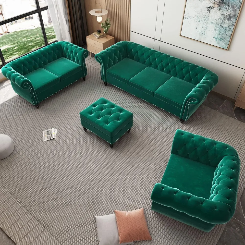 

3-Piece Living Room Sectional, Upholstered Sofa, Couches Set Style Button Tufted, Velvet Chesterfield Sofa for Living Room