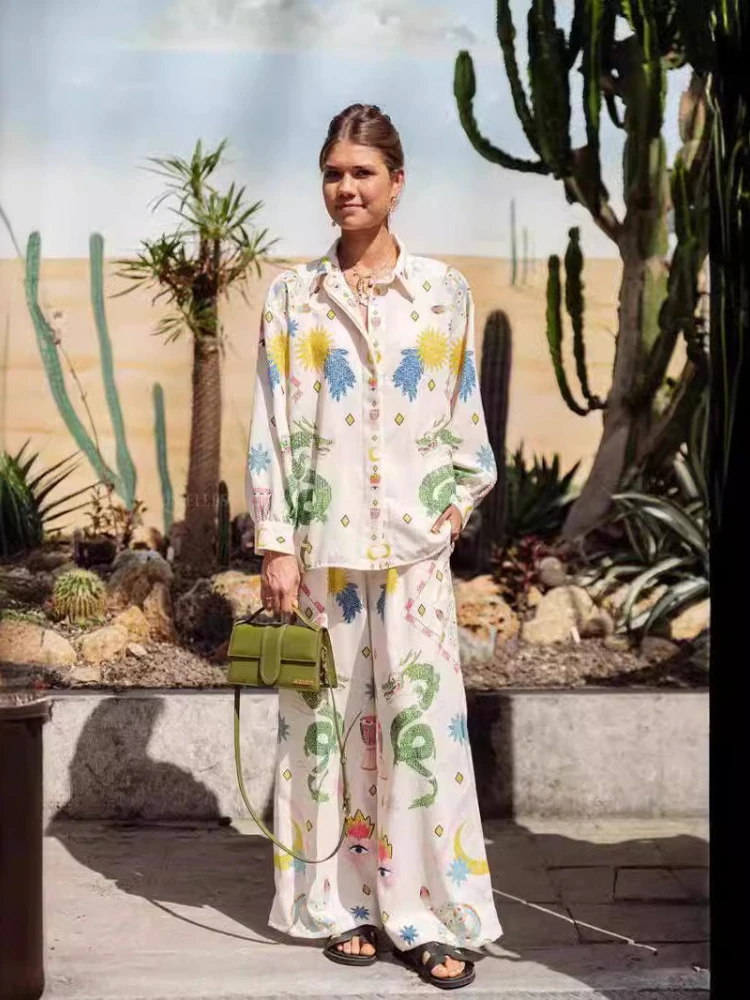 

2 Pieces Set for Woman Summer New Elegant Printed Long Sleeved Lapel Shirt Tops Suits Fashionable Casual Loose Linen Pant Sets