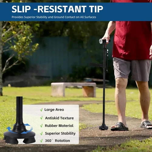 Imagen 2 del producto Bastón plegable para personas mayores con mango en T amortiguado y bastón giratorio con Base cuádruple y luz LED y alarma