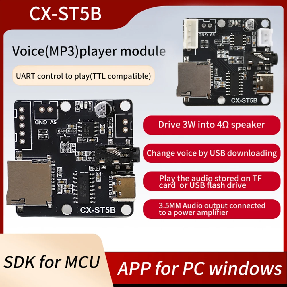 DC 3.3-5.2V ST5B Serial Port Mp3 Voice Chip Module Control Triggers Voice Broadcast TF Card Custom Audio Module Type C