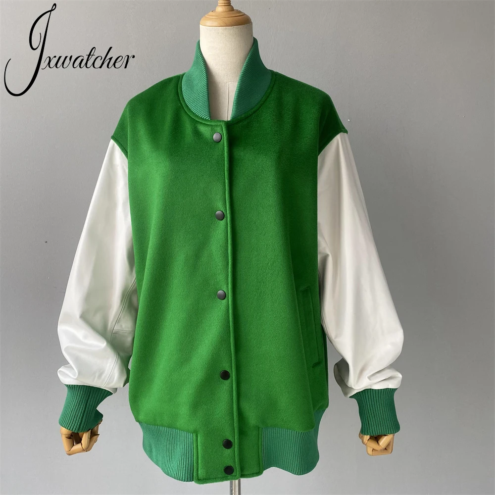 Jxwatcher Cashmere Bomber Jacket With Real Leather Sleeves Unisex Hip Hop Streetwear Spring Wool Coat Sheepskin Baseball Outwear