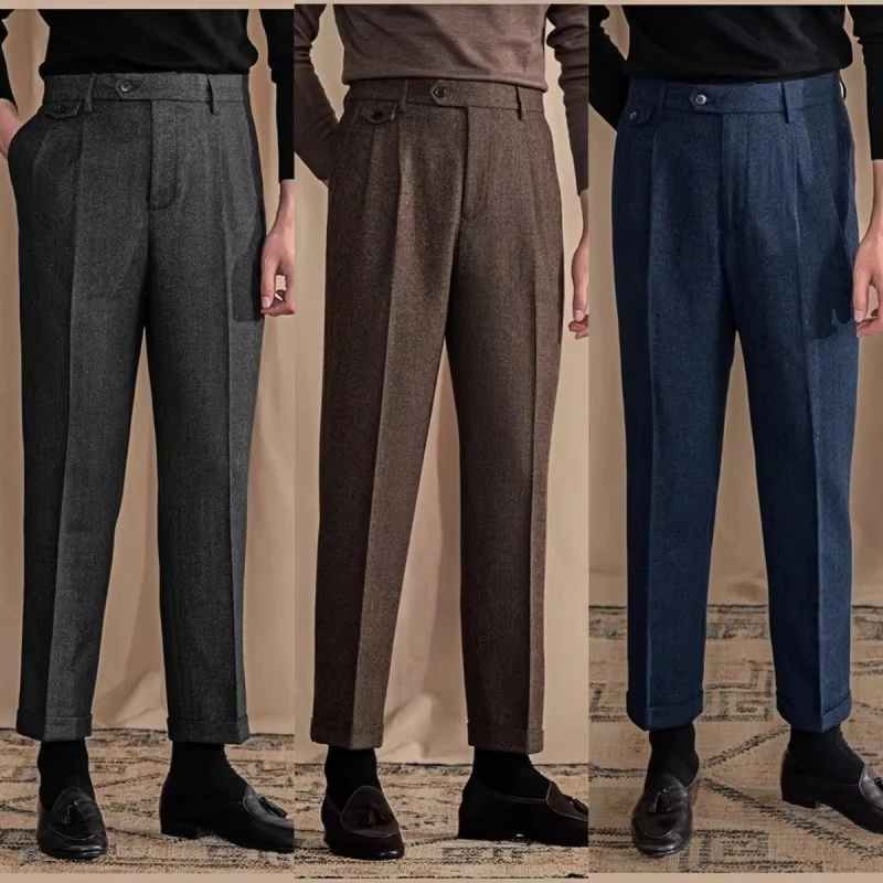 Calça de terno vintage italiana para homens, outono inverno, lã, padrão espinha de peixe, calças retas, local de trabalho, cintura alta, calças casuais