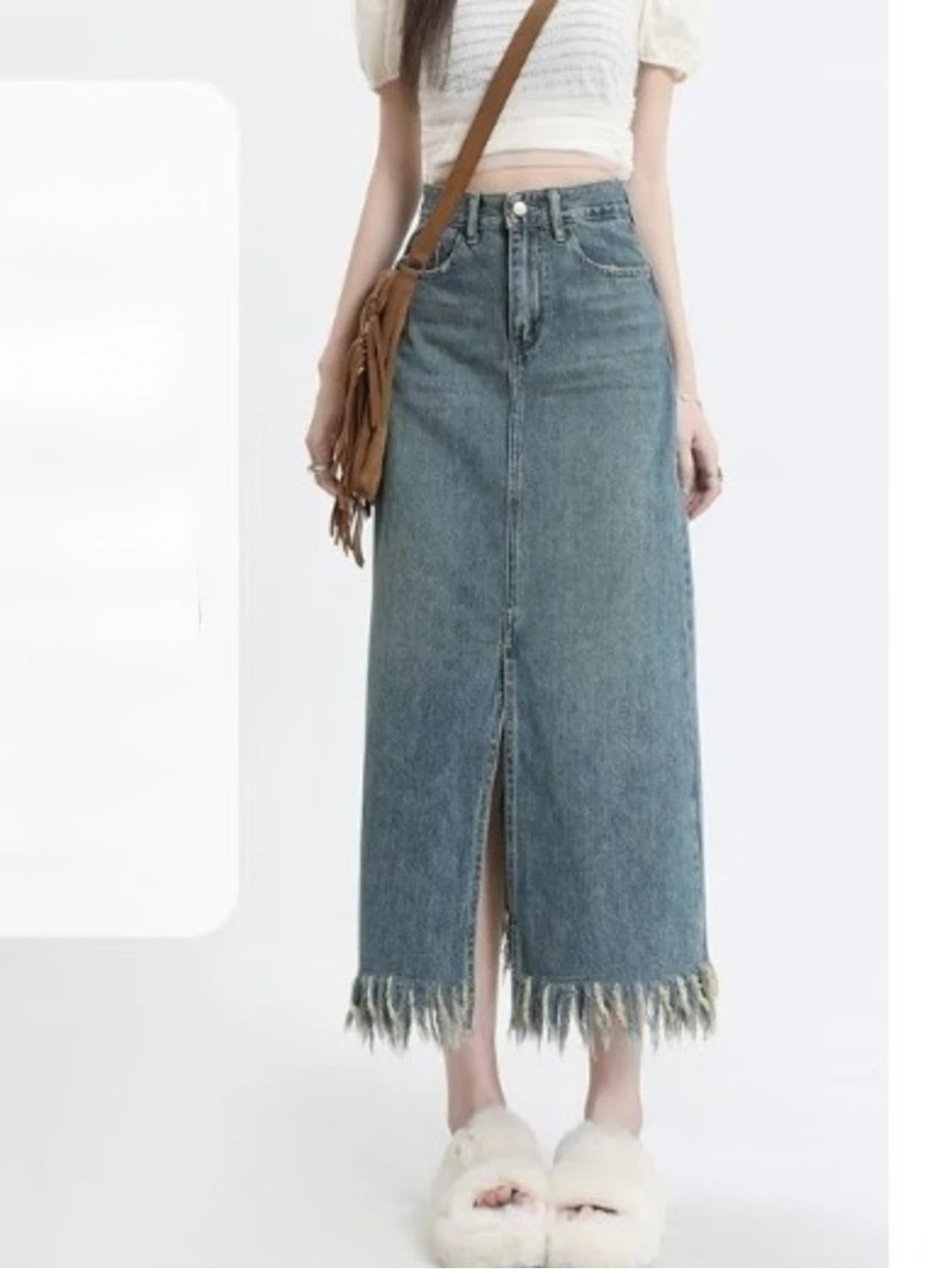 Women's High Waist Vintage Washed Denim Skort with Built-in Shorts Side Slit Mini Skirt - view 3