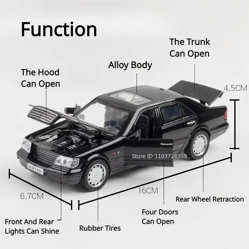 1:32 Eldorado Biarritz S-W140 Model Zabawka Vintage Samochód Stop Odlewany Dźwięk Światło Otwierane Drzwi Miniatura Pojazd z Napędem Pull Back Prezent dla Dzieci