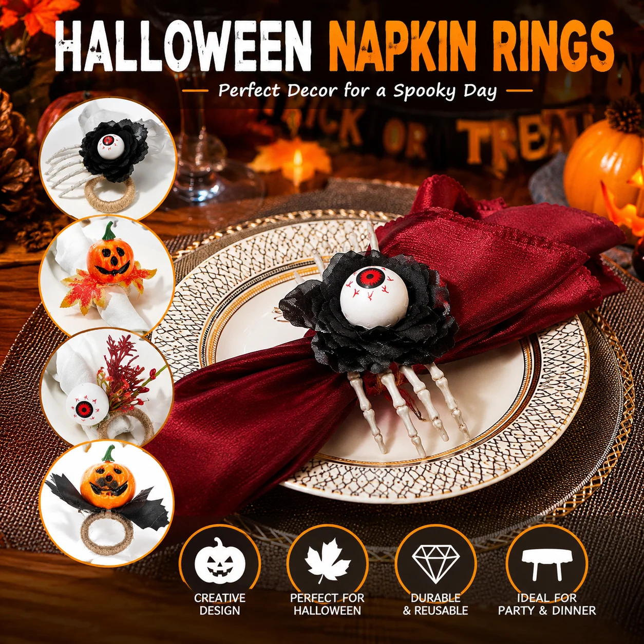 Halloween Pumpkin Napkin Rings Artificial Maple Leaf Eyeball Skeleton Hand Napkin Holders Horror Party Dinner Table Decorations