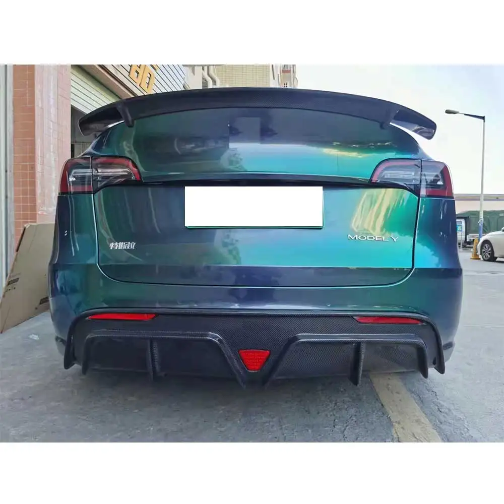 CM Style Real Carbon Fiber Rear Led Diffuser for Tesla Model Y SUV Racing Car Tail Chin Lip Spoiler Splitter Body Kit