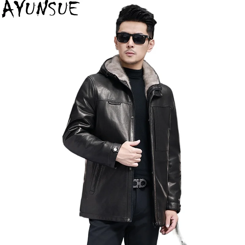 

AYUNSUE Real Goatskin Genuine Leather Jackets for Man Winter Warm Mink Fur Lining Coats Men Mid-long Hooded Leather Trench Coat