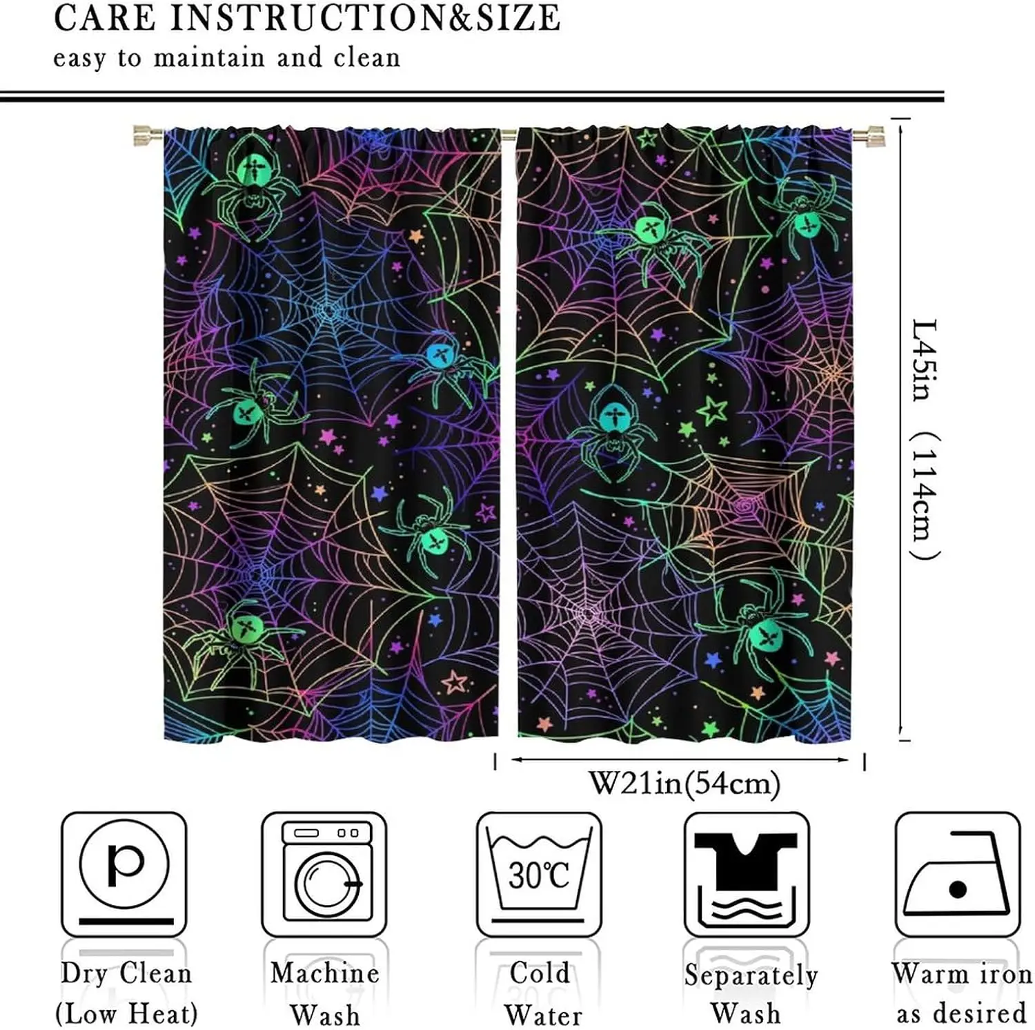 Black Rainbow Spider Star Curtain 2 Panels, Colorful Spider Web Neon Halloween Decor Print, Drapes for Horror Bedroom Curtain