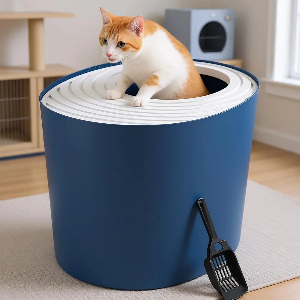 

Large Top Entry Litter Box with Litter Catching Lid and Scoop, Cat Box Enclosure, Navy/White