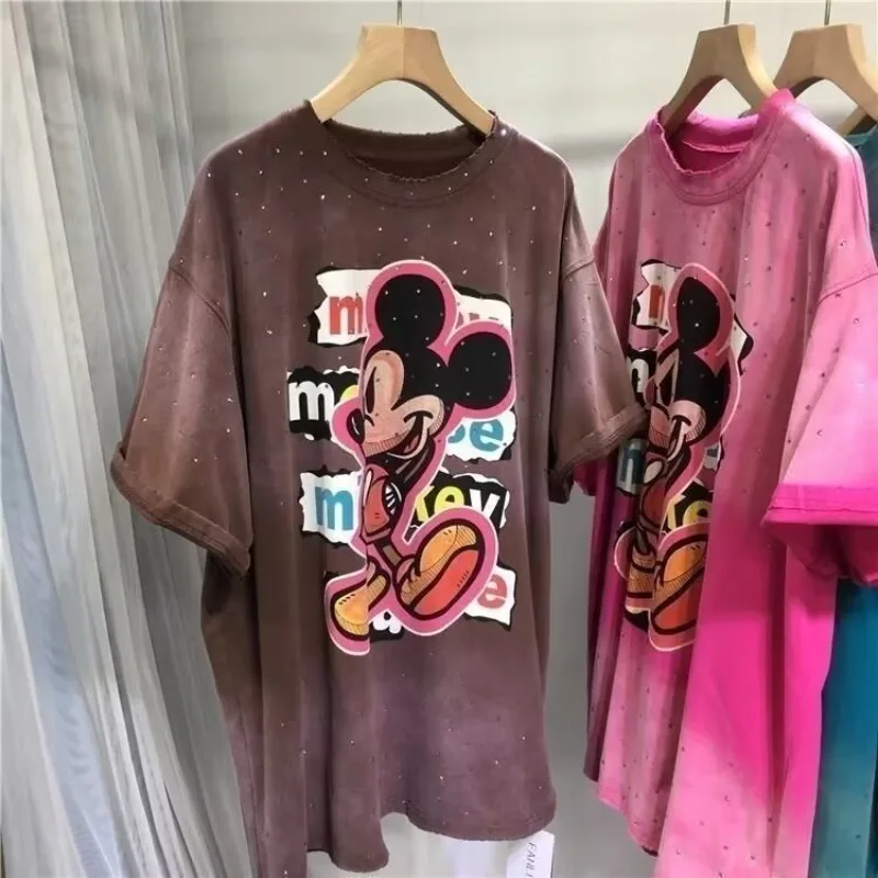 Camiseta de grandes dimensões verão novo dos desenhos animados mickey impressão tie dye gradiente manga curta roupas femininas soltas casuais topo camisetas femininas