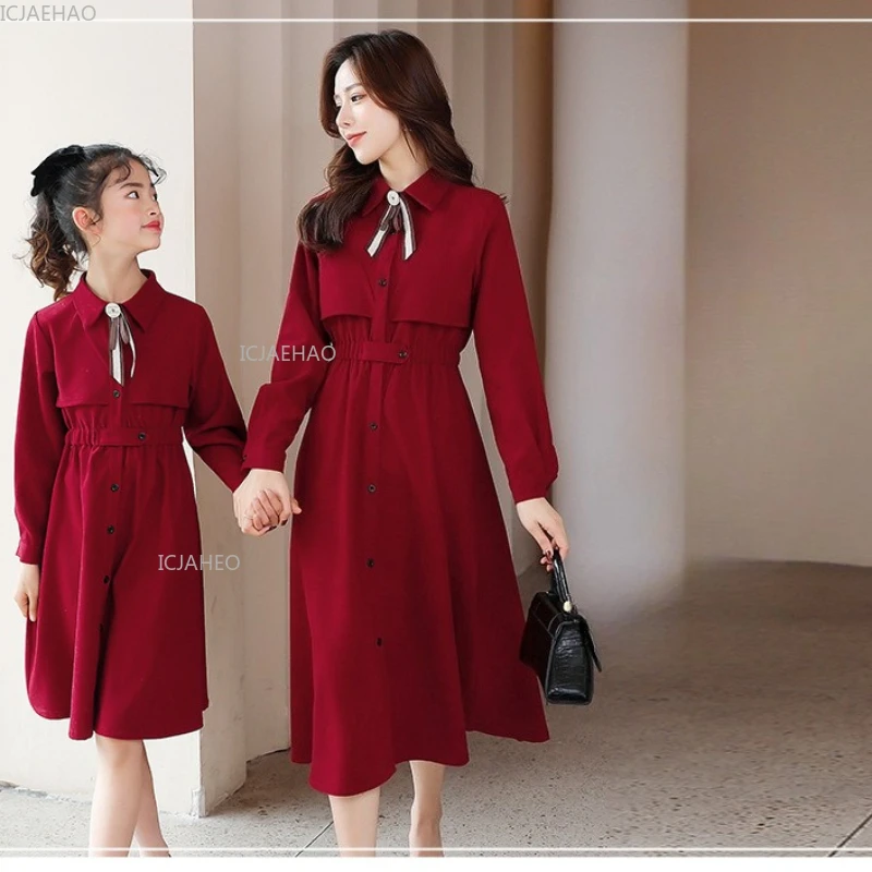 Mother Daughter Matching Dress Red Chinese Style Qipao Spring Clothes New Vintage Artistic Motherhood Gown Dresses Set Clothes