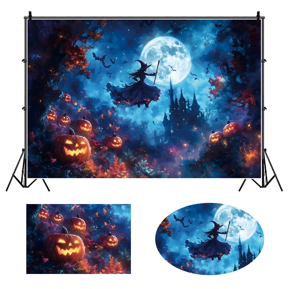 Spooky Moon Light Witch Broom Photography Background Pumpkin Lights Bats Horror Halloween Backdrop Wall Decor Photo Booth Props